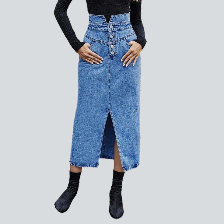 Revive the '90s with our 2023 Summer Collection: the long. stonewashed. tall-waist jean skirt that will make you stand out! Our statement denim piece is crafted with a distinctive damaged pattern. sleek slim fit. zipper and button duo and premium quality denim for a bold and stylish look.Distinctive Features: Grunge Elegance: Inspired by the iconic '90s alternative movement. these jeans embody rebellion and sophistication. Distinctive Distressed Pattern: Expertly crafted wear and tear. capturing Fitted High-waist Denim Skirt, Fitted High Waist Denim Skirt, High Waist Fitted Denim Skirt, Full Length Non-stretch Denim Blue Denim Skirt, Fall High Waist Denim Skirt, Denim Skirt For Spring, High-rise Non-stretch Denim Skirt, Trendy Fitted Medium Wash Denim Skirt, Non-stretch Denim Blue Straight Leg Skirt