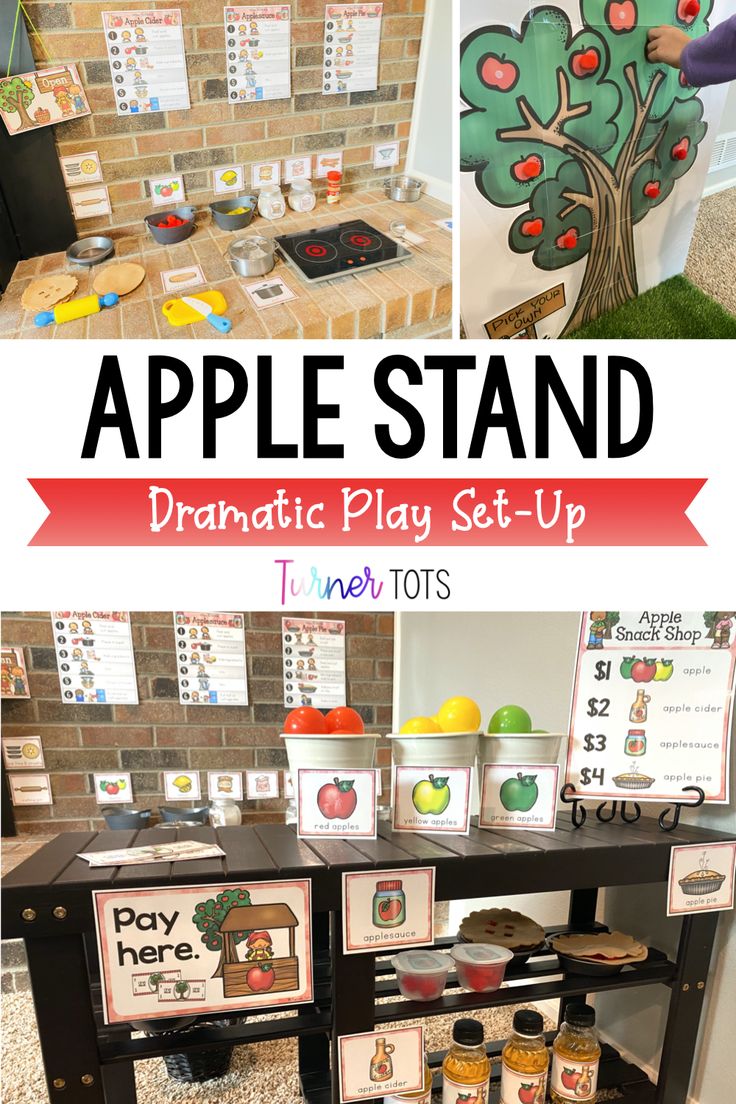 an apple stand with lots of apples on it and the title overlay reads, how to make an apple stand dramatic play set - up