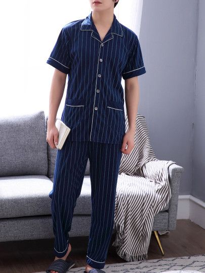 Men Striped Button Up Pajama Set -SheIn(Sheinside) Korean Pajamas Men, Pajama Set For Men, Pajamas Aesthetic Boy, Rh Photoshoot, Night Dress For Men, Pambahay Outfits, Boys Night Dress, Night Dress For Man, Male Pajamas