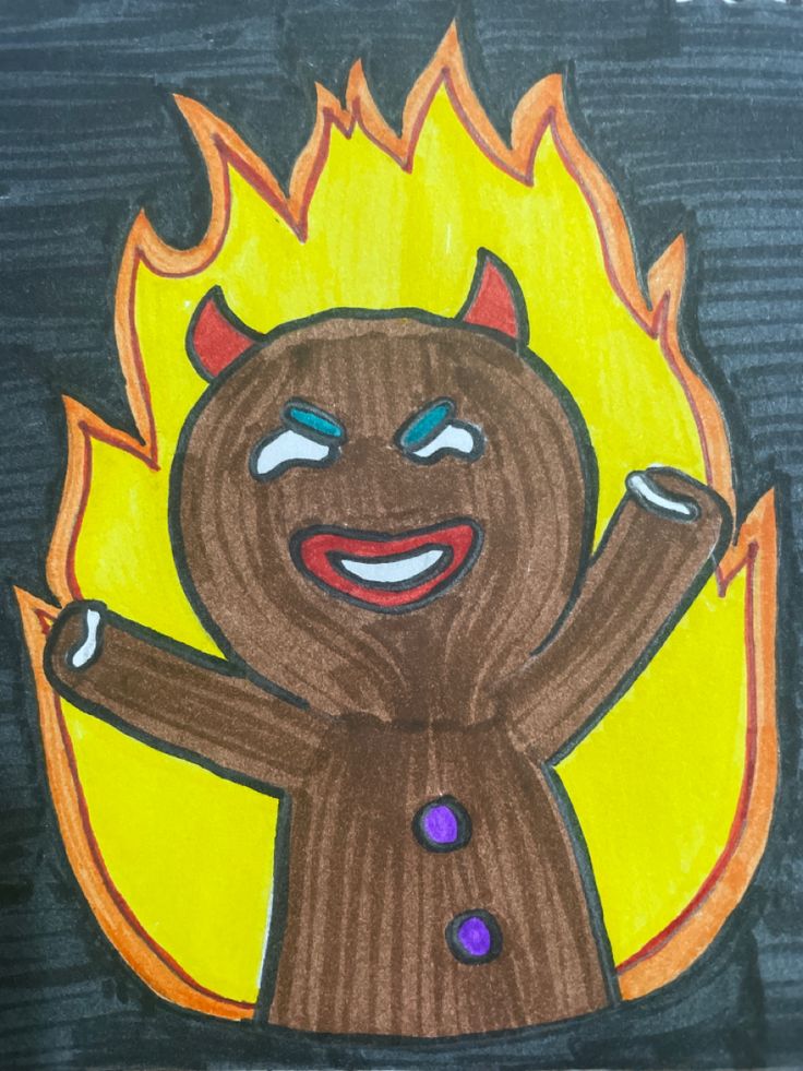 a child's drawing of a devil with flames in the background