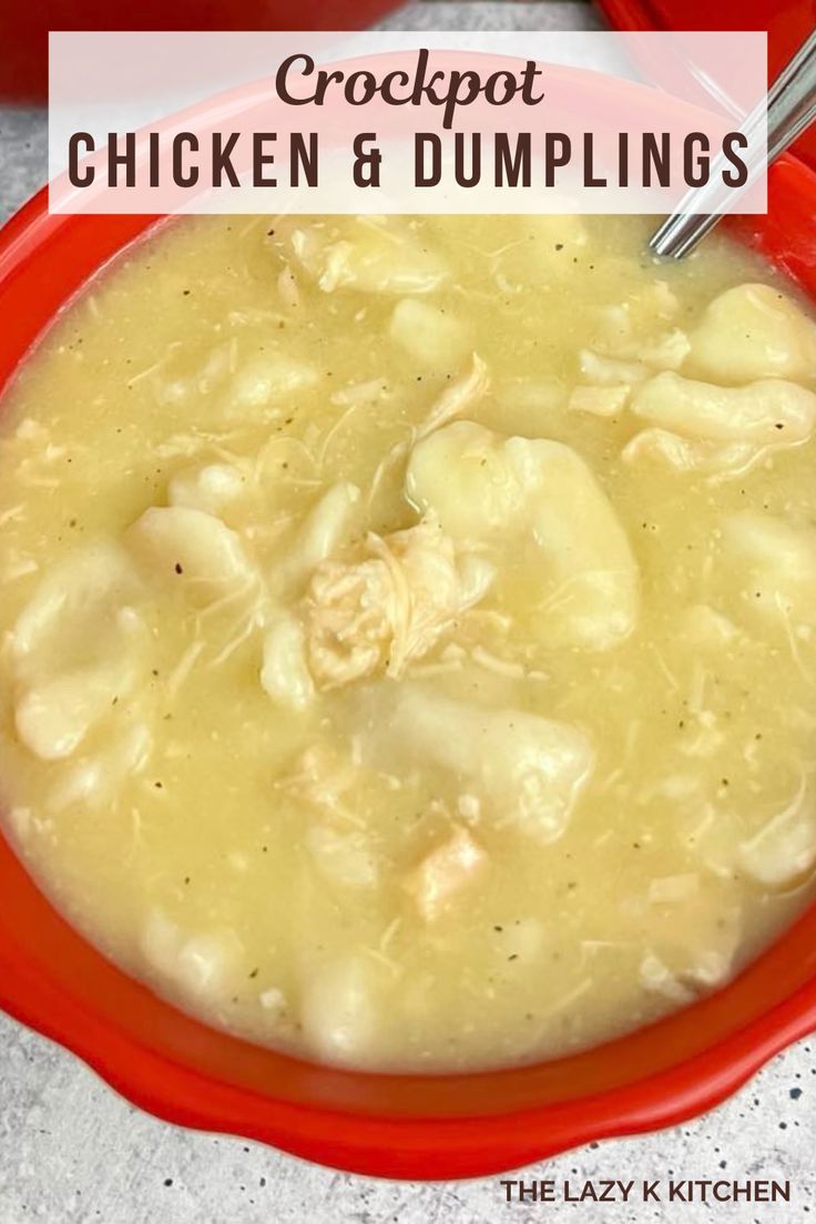 a bowl of crockpot chicken and dumplings soup with a spoon in it