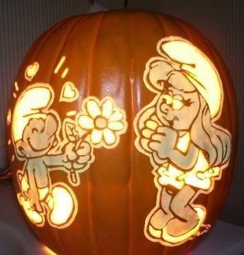 a carved pumpkin with cartoon characters on it