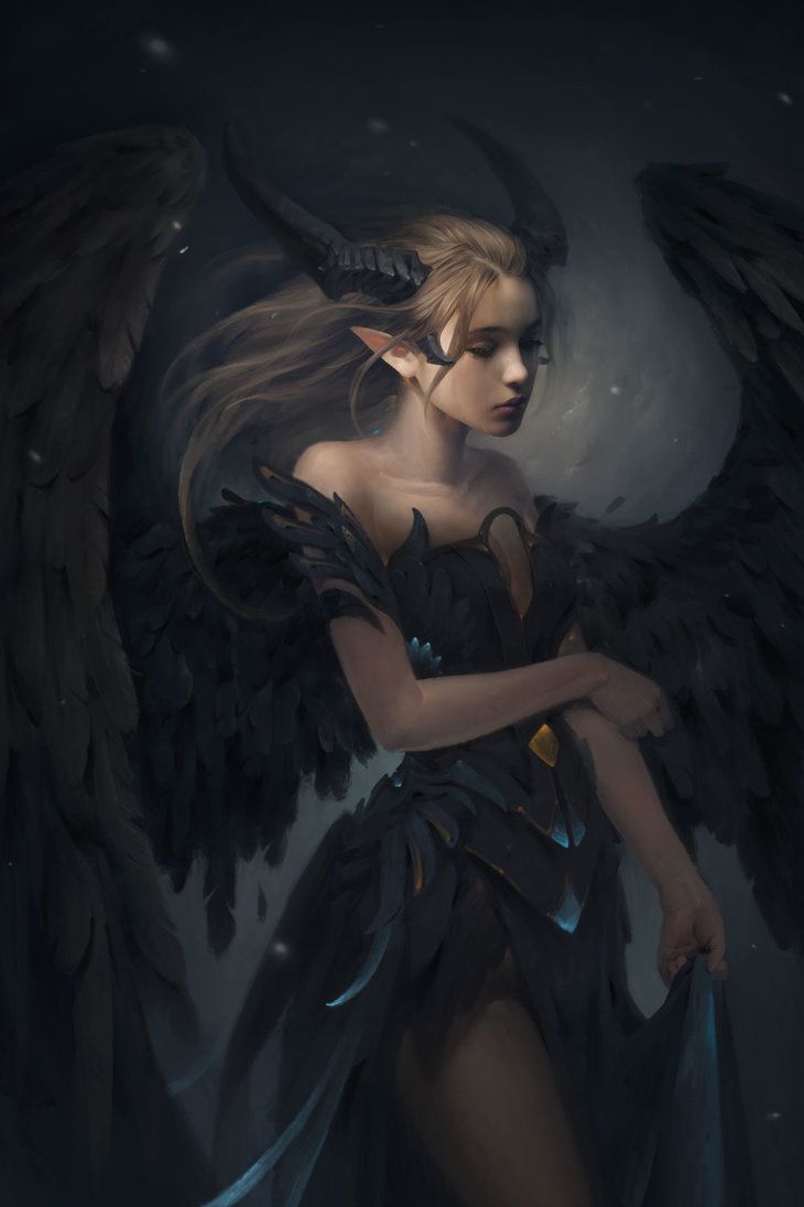 a woman with large black wings standing in the dark