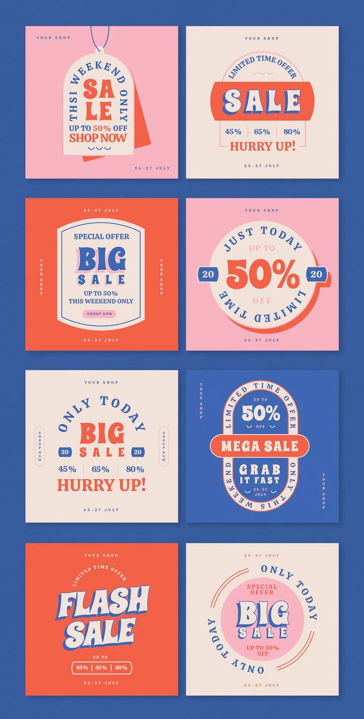 six different types of logos with the same price tag on them, all in pink and blue