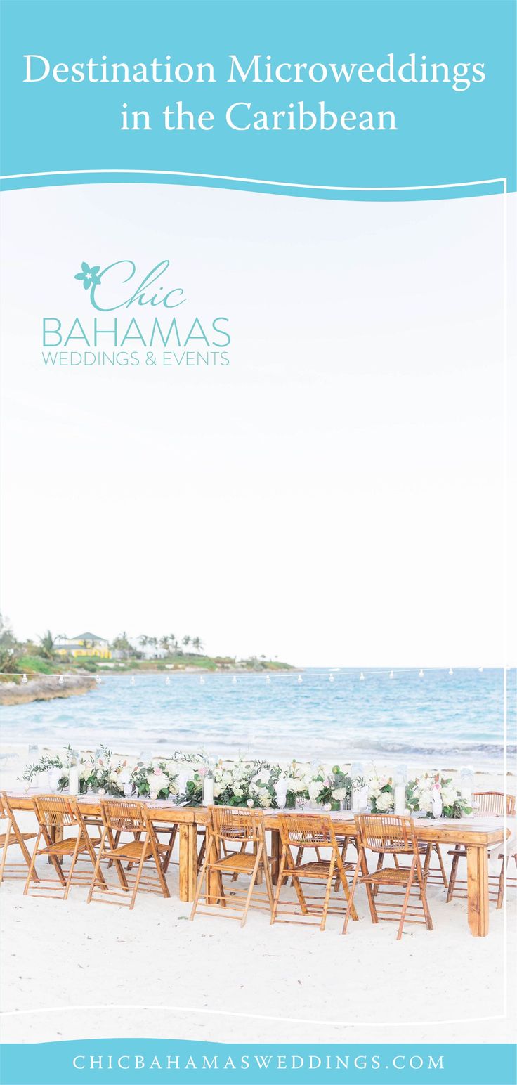 a table and chairs set up on the beach in front of the ocean with text destination microweddings in the crabbean