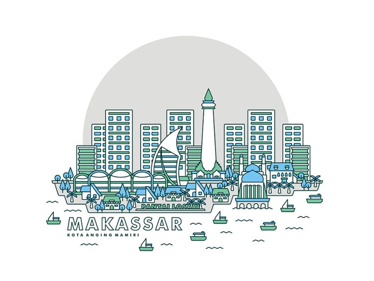 a cityscape with the word makssar in front of it and boats on the water