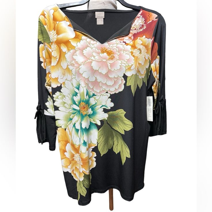 Nwt Black Knight, Floral Eastern Bouquet 3/4 Sleeve Tunic 022 Black 3/4 Sleeve Blouse For Spring, Black Floral Print Top With 3/4 Sleeves, Black Knight, Blackest Knight, Tunics, Tunic Tops, Size 2, Womens Tops, Floral