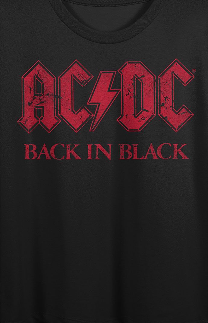 Online only! You're back in black with this cute black cropped tee! This fun crop top features colorful original artwork inspired by your favorite band, ACDC! This comfy tee is made of high-quality, premium cotton materials, and is professionally printed to ensure long-lasting color and print quality. It can be machine washed in cold water with like colors, and tumble dried on low for easy and convenient care. The ACDC Back in Black Women's Black Cropped Tee is an officially licensed product, making it the perfect gift for fans!


	Solid color tee
	Short sleeves
	Crew neckline
	Front graphic
	Cropped length
	Machine washable Black Band Logo Crew Neck Top, Black Crew Neck Tops With Band Logo, Black Crew Neck Top With Band Logo, Black Short Sleeve Tops With Band Logo, Black Short Sleeve Top With Band Logo, Black T-shirt With Back Print For Fan Merchandise, Black T-shirt With Back Print For Fans, Black Logo Print Top For Concert, Alternative Black Top With Text Print