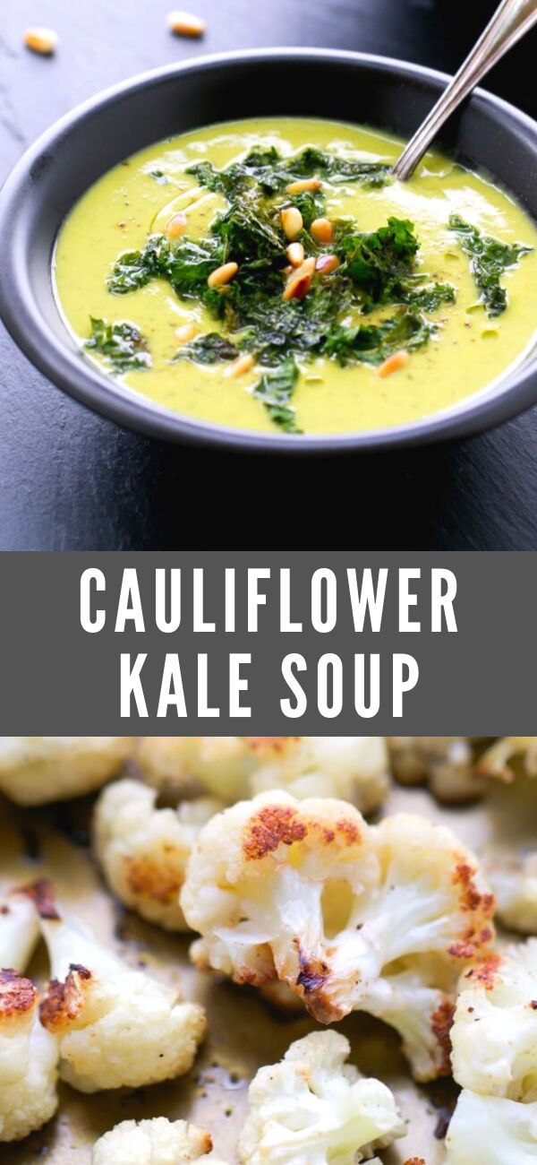 cauliflower kale soup in a bowl with broccoli on the side