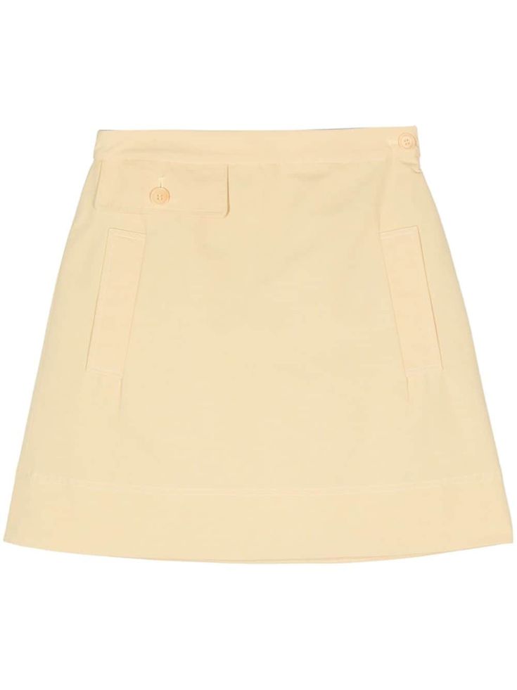 light yellow cotton blend slub texture A-line decorative button flap two side welt pockets straight hem full lining side button and zip fastening Yellow Mini Skirt, Versace Outfit, Yoko London, City Dress, Summer Beach Wear, Ballet Flat Shoes, Ski Wear, Lady Dior, A Line Skirts