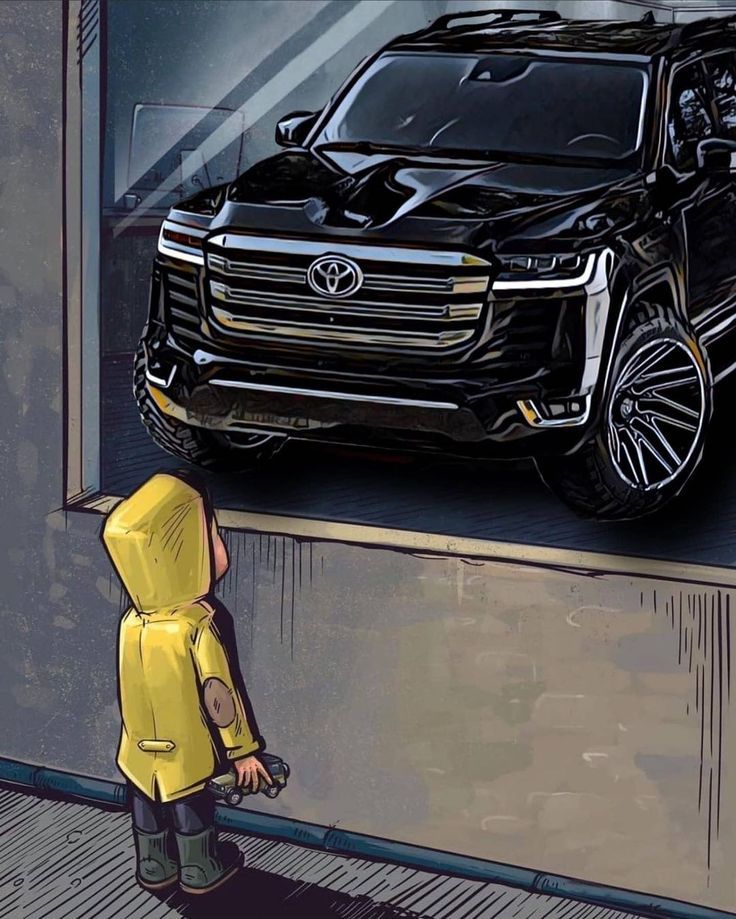 a child looking at a black suv on display in a store window with an image of a person wearing a yellow raincoat