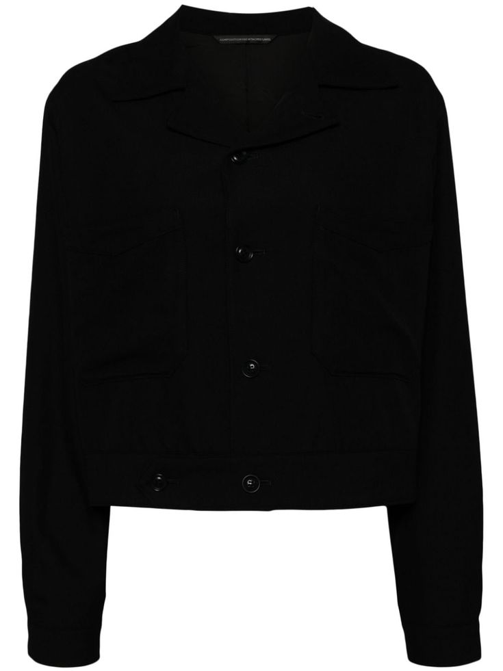 black twill weave front button fastening notched collar two chest patch pockets long sleeves buttoned cuffs decorative-button waist tabs straight hem full lining Yoko London, City Dress, Twill Weave, Summer Beach Wear, Cropped Jacket, Notched Collar, Crop Jacket, Lady Dior, Coat Dress