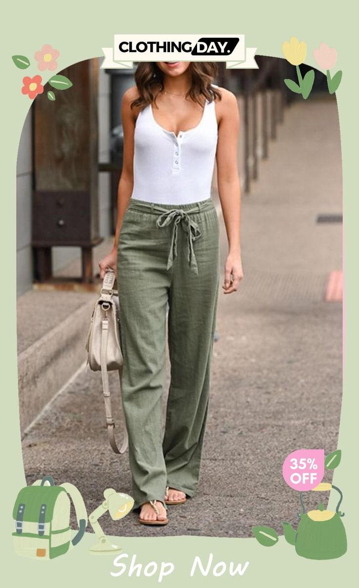 Bow Tie Straight Leg Pants Cotton Cargo Trousers For Day Out, Cotton Cargo Pants For Day Out, Green Relaxed Fit Pants For Day Out, Chic Solid Color Summer Cargo Pants, Casual High Waist Cargo Pants For Day Out, Casual Green Summer Pants, Solid High-waisted Cargo Pants For Summer, High-waisted Solid Cargo Pants For Summer, Solid Color Summer Cargo Pants For Loungewear