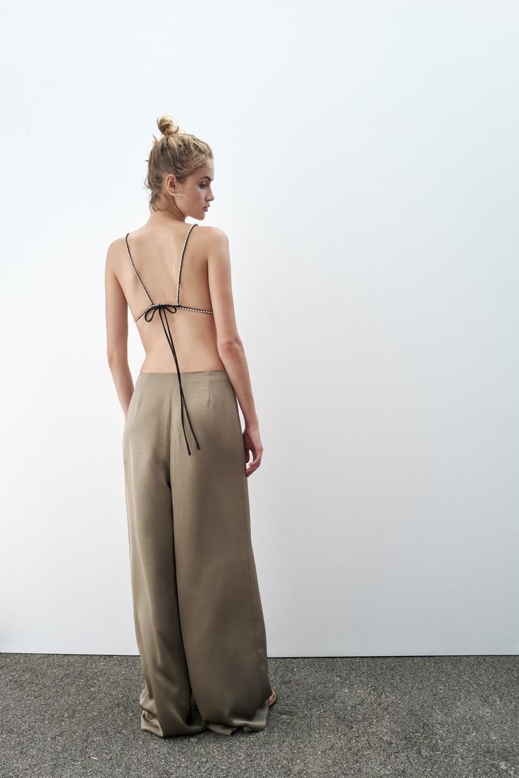 WIDE LEG SATIN PANTS - Stone | ZARA United States Spring Khaki Wide Leg Full-length Pants, Fitted Khaki Long Pants, Spring Stretch Khaki Pants, Summer Bottoms With Elastic Side Panels And Loose Fit, Fitted Wide Leg Khaki Bottoms, Chic Full-length Khaki Bottoms, Chic Khaki Full-length Bottoms, Spring Chic Straight Parachute Pants, Chic Khaki Full Length Bottoms