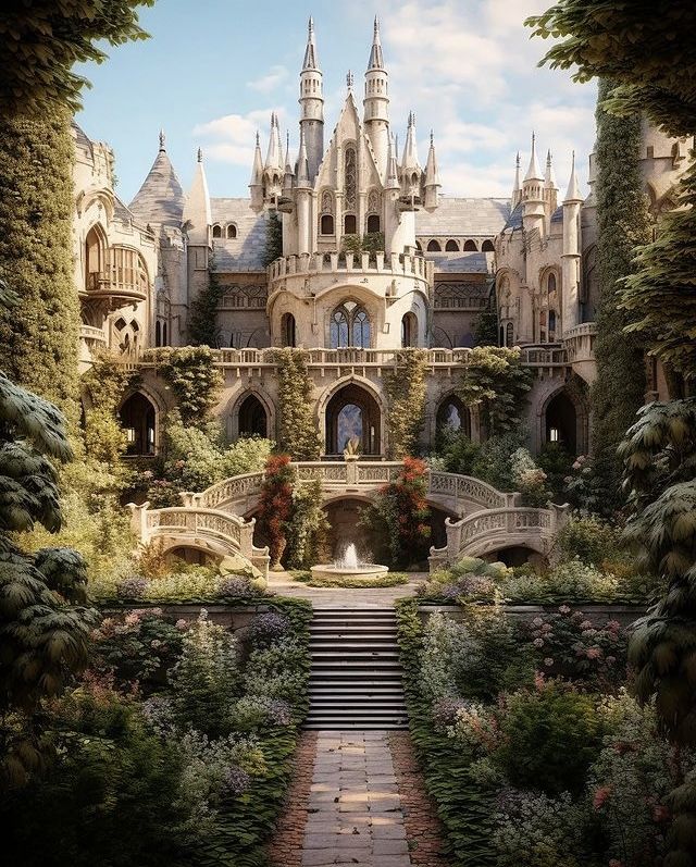 an old castle is surrounded by greenery and stone steps leading up to the entrance