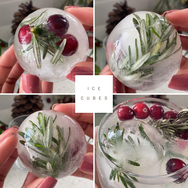 three pictures of ice cubes with cranberries and rosemary sprigs in them