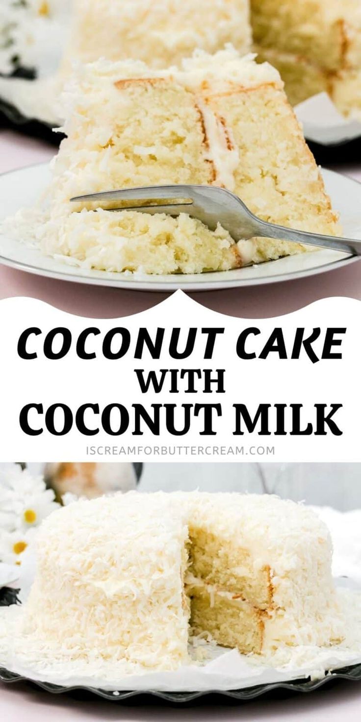 coconut cake with coconut milk frosting on a white plate and the rest of the cake is cut in half