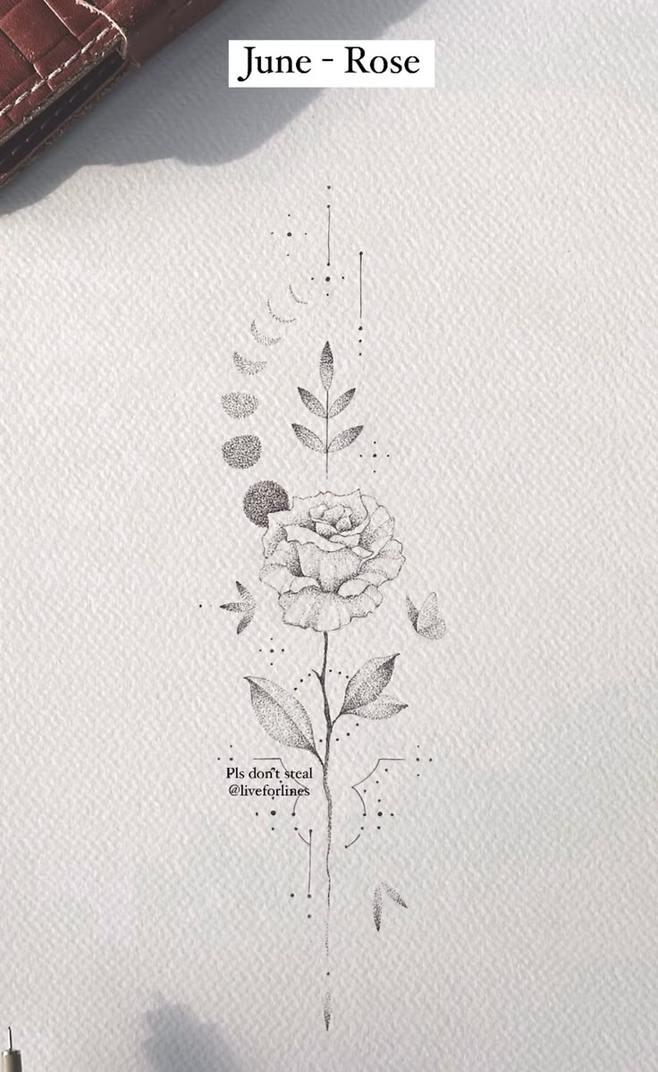 a drawing of a rose on paper with the words june - rose written in it