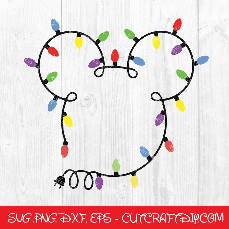 a mickey mouse head with christmas lights on it and the words svg dxf eps