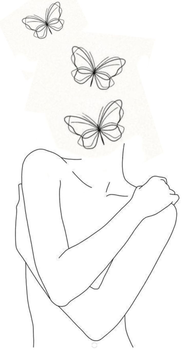 a drawing of a woman with two butterflies on her head and one butterfly flying over her shoulder