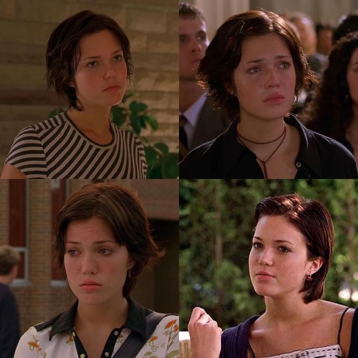 four different pictures of women with short hair and one woman in striped shirt looking at the camera