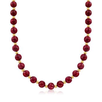 Ross-Simons - 215.00 ct. t.w. Ruby Bead Necklace with 14kt Yellow Gold. 20". This necklace is a gorgeous display of elegant emeralds! An impressive collection of 215.00 ct. t.w. round faceted ruby beads glow a crimson red among 4mm 14kt yellow gold spacer beads. Springring clasp, ruby bead necklace. Ruby birthstones are the perfect gift for July birthdays. Formal Round Necklace With Faceted Beads, Formal Faceted Beads Round Necklace, Round Faceted Beads Necklace For Formal Occasions, Formal Round Necklaces With Faceted Beads, Formal Rondelle Faceted Beads Jewelry, Formal Yellow Gold Necklaces With Gemstone Beads, Formal Yellow Gold Necklace With Gemstone Beads, Formal Faceted Briolette Necklaces, Formal Briolette Faceted Necklace