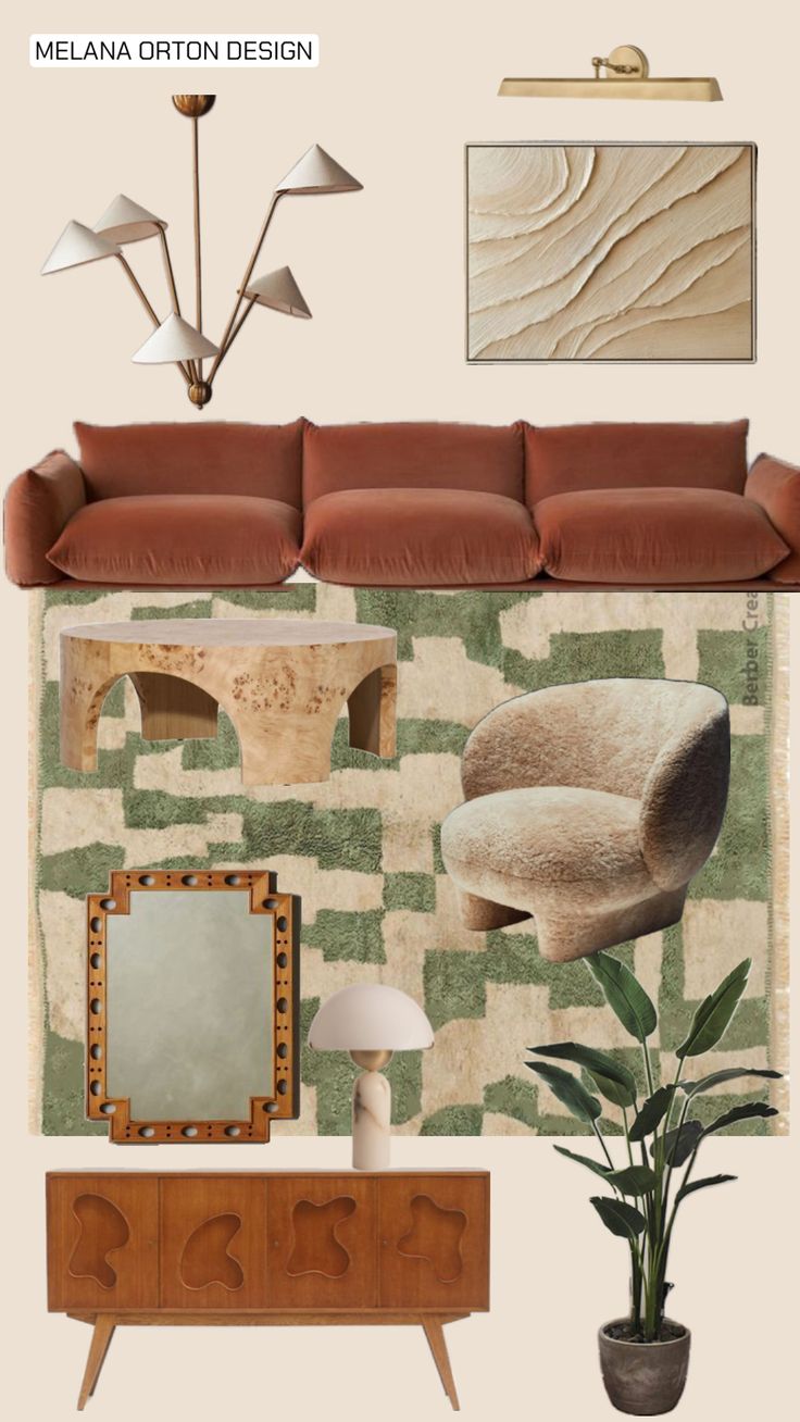 a living room filled with furniture next to a plant and wall hanging on the wall