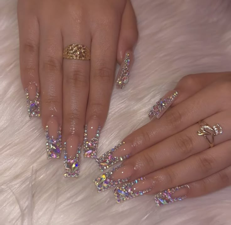 Coffin Diamond Nails, Medium Bling Nails, Birthday Nails Silver, Diamond French Tip Nails, Cute Bling Nails, Nail Inspo Bling, Birthday Nails Bling, Bling Birthday Nails, Full Bling Nails