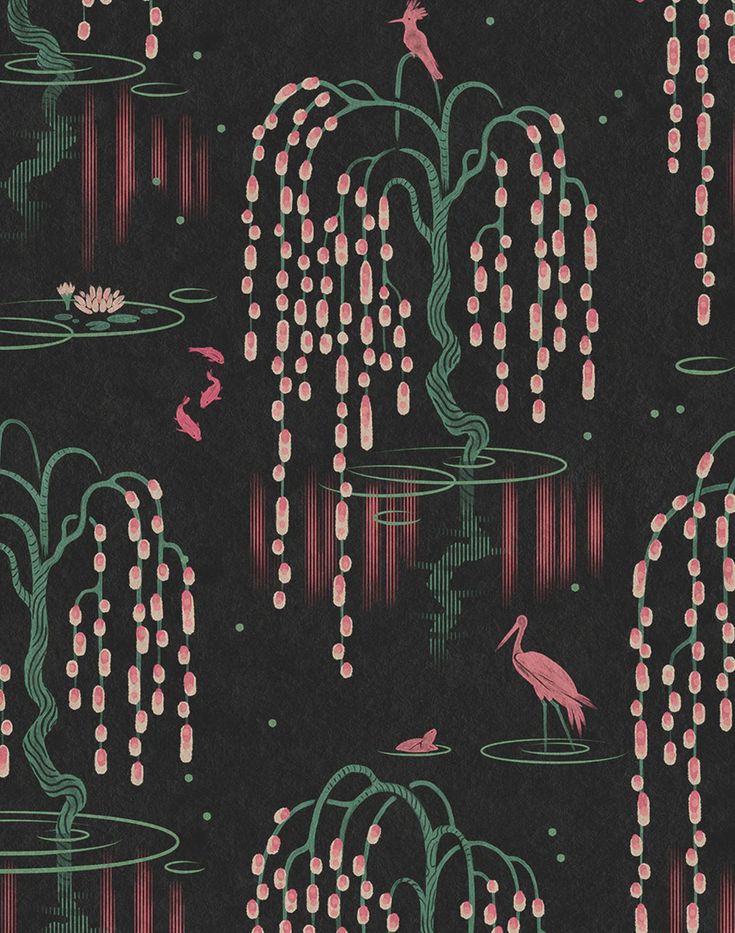 a black background with pink and green flowers, birds and water lilies on it