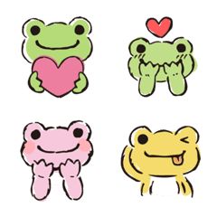 four different types of frog stickers on a white background, each with a heart in the middle