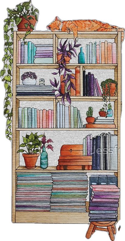 a book shelf filled with lots of books next to a potted plant on top of a wooden table