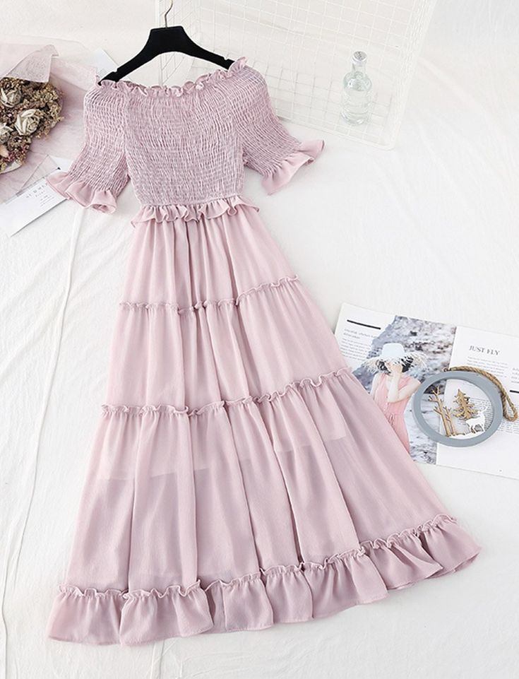 A line short sleeve dress summer dress Fabric: chiffon Color: burgundy, black, champagne, green, pink Size(cm): S, M, L, XL S length 111cm bust 86cm sleeve length 27cm M length 112cm bust 90cm sleeve length 28cm L length 113cm bust 94cm sleeve length 29cm XL length 114cm bust 98cm sleeve length 30cm Summer Chiffon Short Sleeve Dress, Cottagecore Dresses, Dress And Accessories, Short Sleeve Summer Dresses, Pink Olive, A Line Shorts, Really Cute Outfits, Kawaii Clothes, Short Sleeve Dress