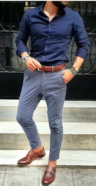 Mens Fashion Grey Pants Brown Shoes, Navy Blue Shirt Outfit, Blue Shirt Grey Pants, Brown Shoes Outfit, Wedding Suits Men Grey, Grey Pants Outfit, Grey Pants Men, Dark Grey Dress Pants, Dress Pants Outfits