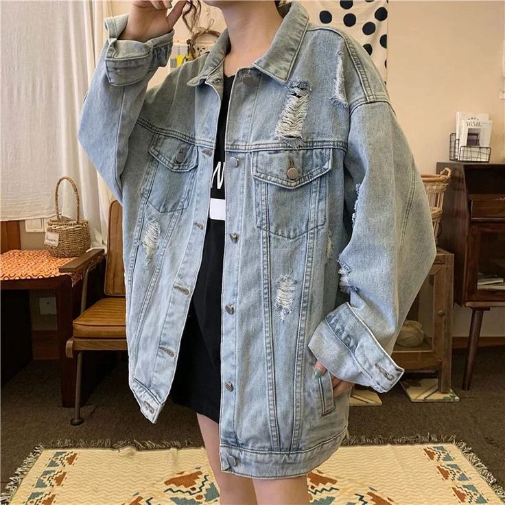 Vintage Ripped Plus Size Women Denim Jacket – 4Colordress Plus Size Denim Jacket, Pu Leather Skirt, Long Skirt Fashion, Oversized Jean Jacket, Plus Size Denim, Oversized Jeans, Women Outerwear, Streetwear Clothes, Long Skirts For Women