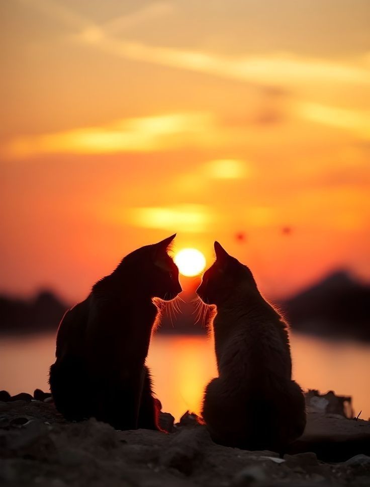 two cats sitting next to each other at sunset