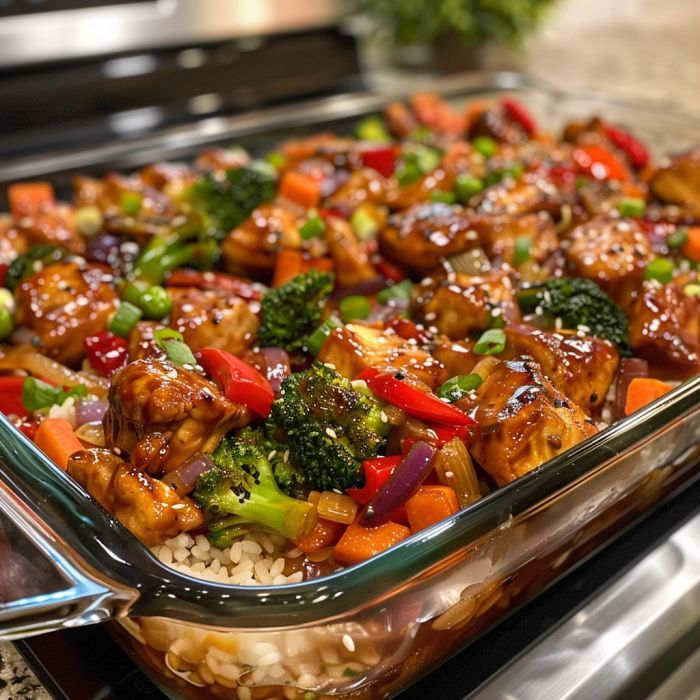 a glass casserole dish filled with chicken, broccoli and rice