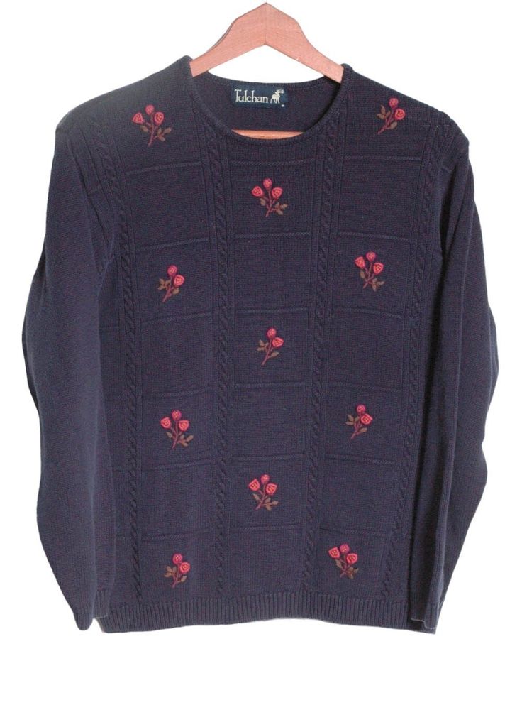 Vintage Tulchan sweater. Navy blue in colour with detailed floral embroidery. Made from a cotton fabric. Label reads M. Condition: Excellent vintage condition. Bust: 38in Length: 23in Inside sleeve: 18in More vintage clothing on our website www.brickvintage.com Retro Embroidered Cotton Sweater, Retro Cotton Embroidered Sweater, Vintage Embroidered Cotton Sweater, Sweater Navy Blue, Pullover Outfit, Embroidered Sweater, Women Pullover, Floral Embroidery, Vintage Clothing