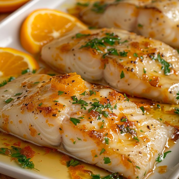 some fish are sitting on a plate with oranges