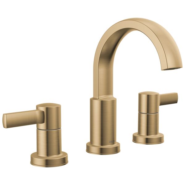 two handle bathroom faucet in brushed brass finish with matching handles and side spray