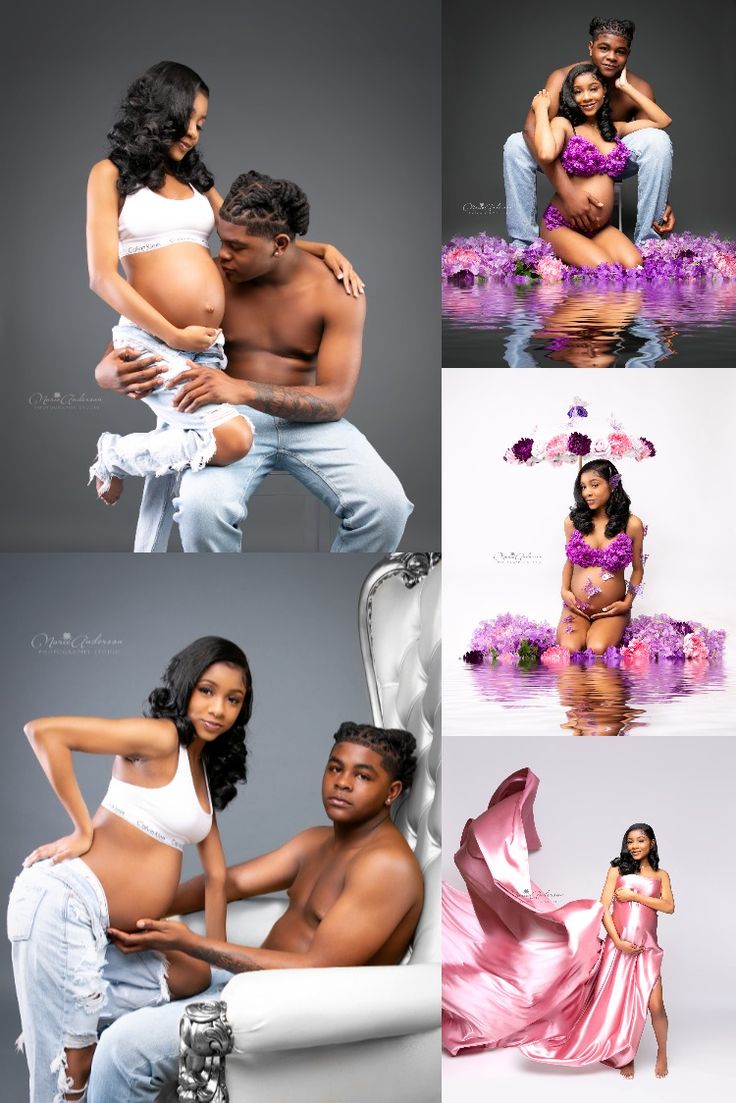 maternity photography session on a grey backdrop with purple pink flowers and white throne chair. Best Maternity Photoshoot Ideas, Maturity Photoshoot Black Couple, Black Teen Girl Maternity Shoot, Maternity Shoot Black Women With Dad, Maternity Picture Ideas Black Women, Maternity Photo Shoot Ideas Couples Black, Maternity Shoot Hairstyles Black Women, Black Couple Maternity Pictures Ideas, Jean Maternity Shoot Black Couple