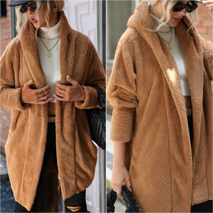 This Coat Features A Cozy Teddy Fabric That Adds A Touch Of Comfort And Texture To Your Ensemble. The Open Front Design Exudes A Relaxed And Modern Vibe, Creating A Versatile Silhouette That Stands Out. With A Hood For Added Coziness And Practicality, This Coat Is Both Fashionable And Functional. Whether You're Layering It Over A Casual Outfit For A Cozy Daytime Look Or Dressing It Up For A More Polished Ensemble, This Caramel Teddy Coat Is A Versatile And Stylish Addition To Your Winter Wardrob Cozy Long Beige Coat, Hooded Beige Outerwear For Cold Weather, Warm Hooded Beige Outerwear, Beige Hooded Winter Outerwear, Beige Hooded Outerwear For Winter, Hooded Brown Outerwear For Fall, Warm Beige Hooded Outerwear, Camel Winter Outerwear With Pockets, Beige Hooded Jacket For Cold Weather In Fall