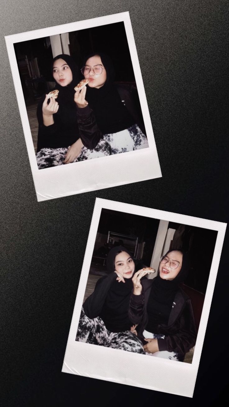 two polaroid photos of people sitting next to each other on a black surface, one is holding something in her hand and the other has an open mouth