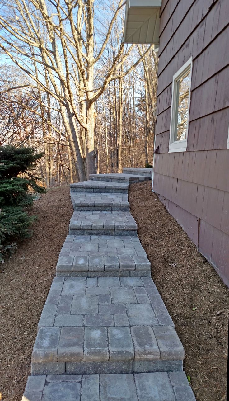 some steps leading up to a house with trees in the back ground and bushes on either side