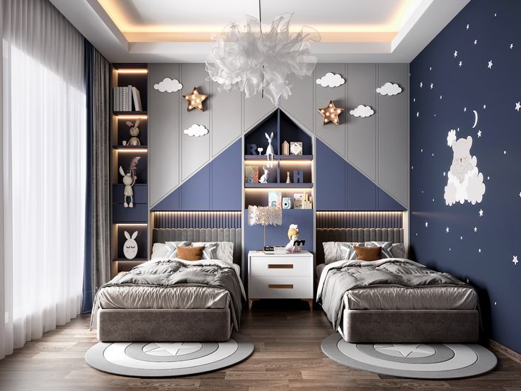 two beds in a room with blue walls and white rugs on the wooden floor