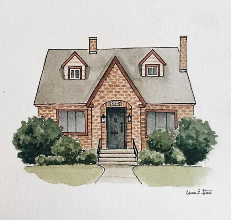 a watercolor drawing of a brick house with a front door and steps leading up to it