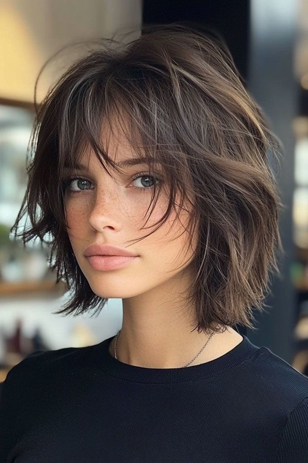 Short Haircuts & Hairstyles - I Take You | Wedding hairstyles | Wedding makeup | Nail Art Designs Chestnut Bob Hair, Kratke Frizure Za Gustu Kosu, Short Textured Bob With Bangs, Short Messy Bob Choppy Layers, Messy Layered Bob, Bob With Soft Layers, Layered Short Bob, Chic Bob Hairstyles, Short Messy Bob