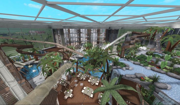 an artist's rendering of the inside of a tropical resort with palm trees and water features