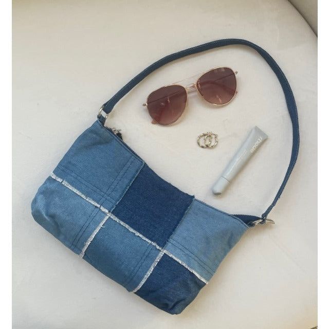 Everyday Fabric Shoulder Bag With Patchwork, Trendy Patchwork Shoulder Bag For Everyday Use, Casual Rectangular Patchwork Bag, Casual Patchwork Shoulder Bag For Summer, Patchwork Denim Shoulder Bag In Blue, Denim Patchwork Shoulder Bag In Blue, Everyday Denim Patchwork Shoulder Bag, Denim Blue Patchwork Shoulder Bag, Trendy Rectangular Patchwork Shoulder Bag