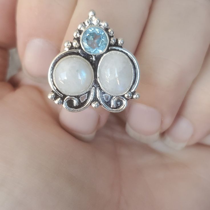 Brand New Handmade Rainbow Moonstone And Faceted Blue Topaz Silver Ring. 925 Stamped New To Poshmark? Use Referral Code Kimberlyn222 To Receive $10. White Moonstone Ring With Accent Stones, White Blue Topaz Gemstone Jewelry, White Topaz Gemstone Ring In Sterling Silver, Halo Band, Dragonfly Ring, Diamond Ring Settings, Cabochon Ring, Citrine Ring, Ring Color