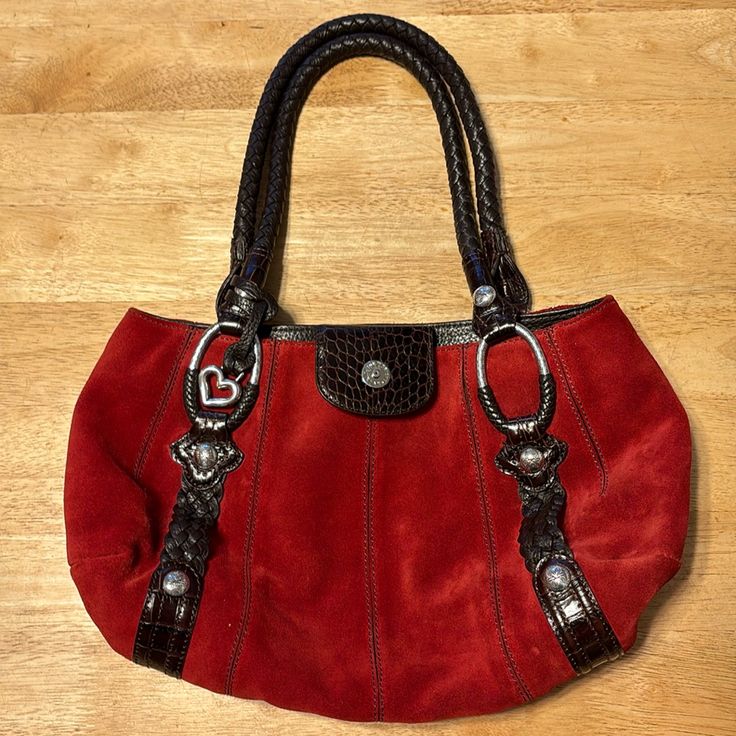 Gently Used And Almost Brand New Brighton Red Suede And Leather Satchel Handbag. Signature Brighton Silver Accents. Patterned Lining. Red Leather Satchel With Metal Hardware, Everyday Use Burgundy Shoulder Bag With Metal Hardware, Burgundy Shoulder Bag With Metal Hardware For Everyday Use, Red Satchel With Metal Hardware, Red Satchel With Metal Hardware For Everyday Use, Red Leather Shoulder Bag With Metal Hardware, Red Bags With Metal Hardware For Everyday Use, Everyday Red Shoulder Bag With Metal Hardware, Red Shoulder Bag With Metal Hardware For Travel